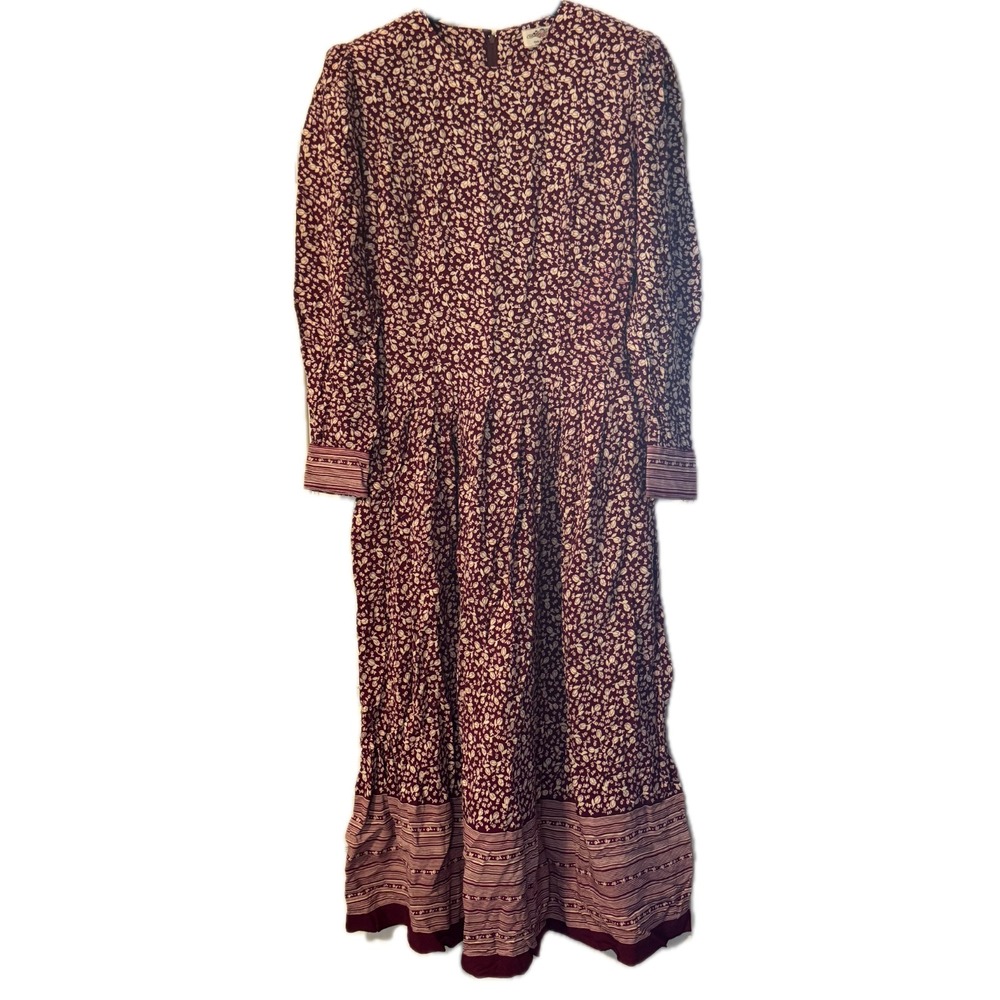Lanz Originals Vintage Dress 10 Maroon Floral Rayon Midi Back Zip USA